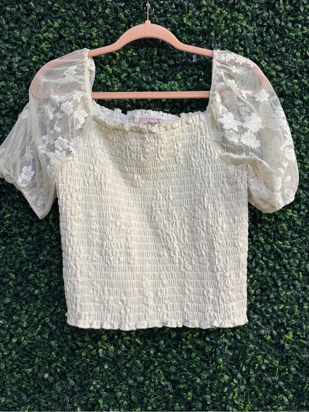 Lace Puff Sleeve Cream Smocked Crop Top